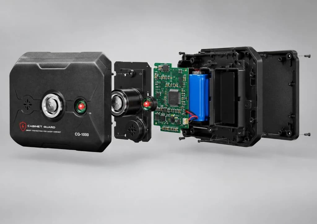 Exploded view of the Cabinet Guard CG-1000 showing casing, circuitry, and battery