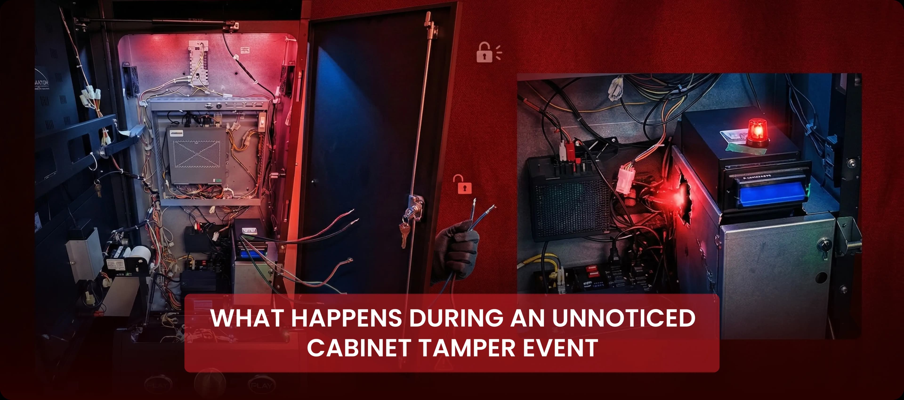 Comparison of secure vs. compromised gaming cabinet with red alarm light.