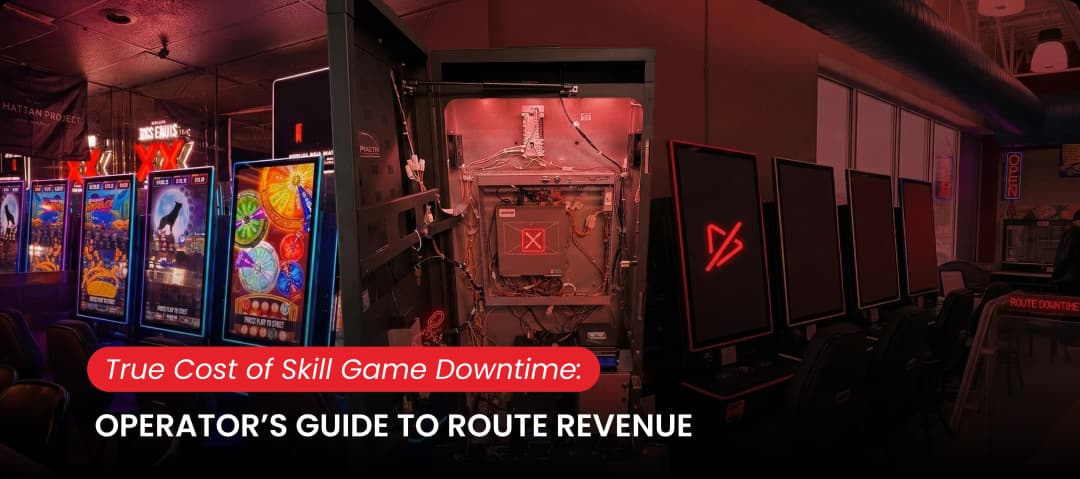 Skill game cabinet interior with exposed wiring and hardware components.