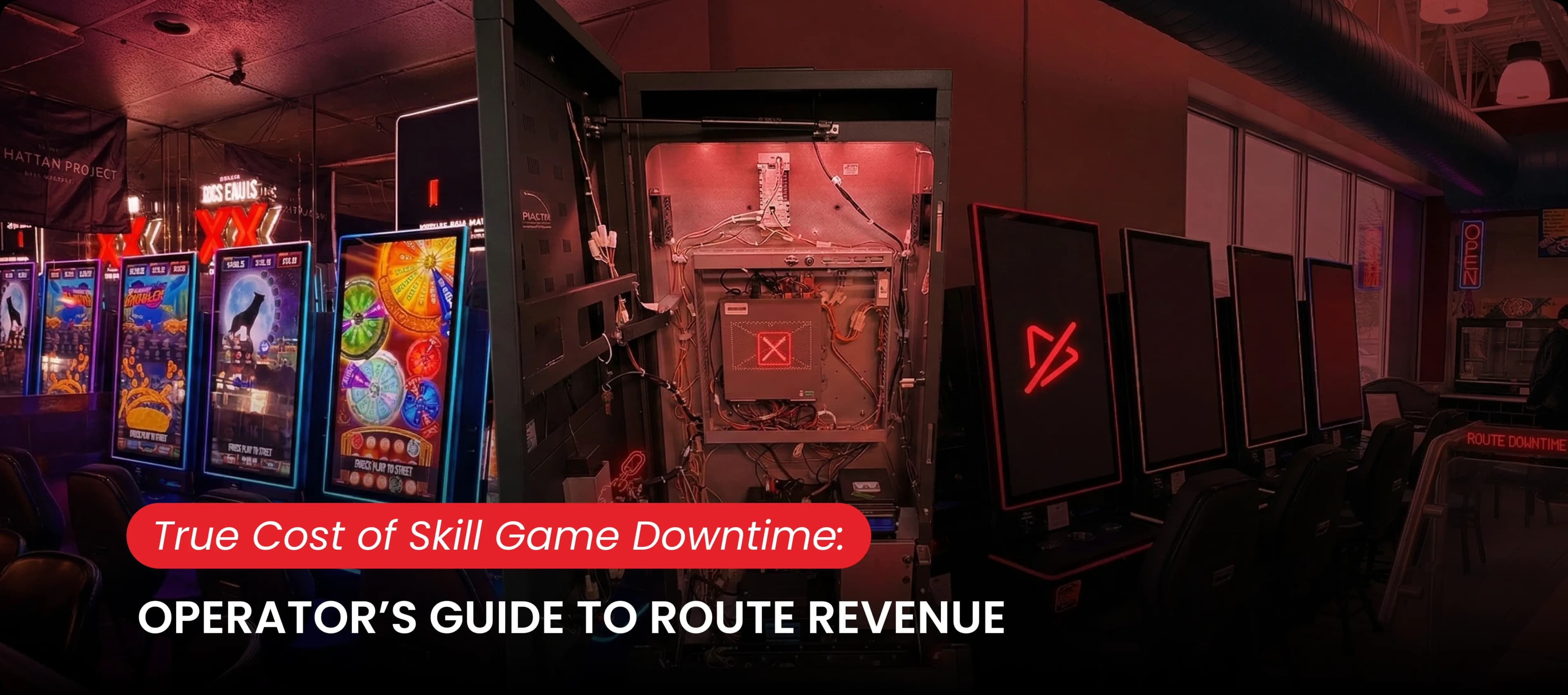 Skill game cabinet interior with exposed wiring and hardware components.