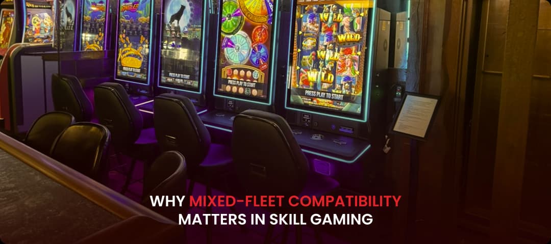 Skill gaming setup with chairs and banner text on mixed-fleet compatibility 