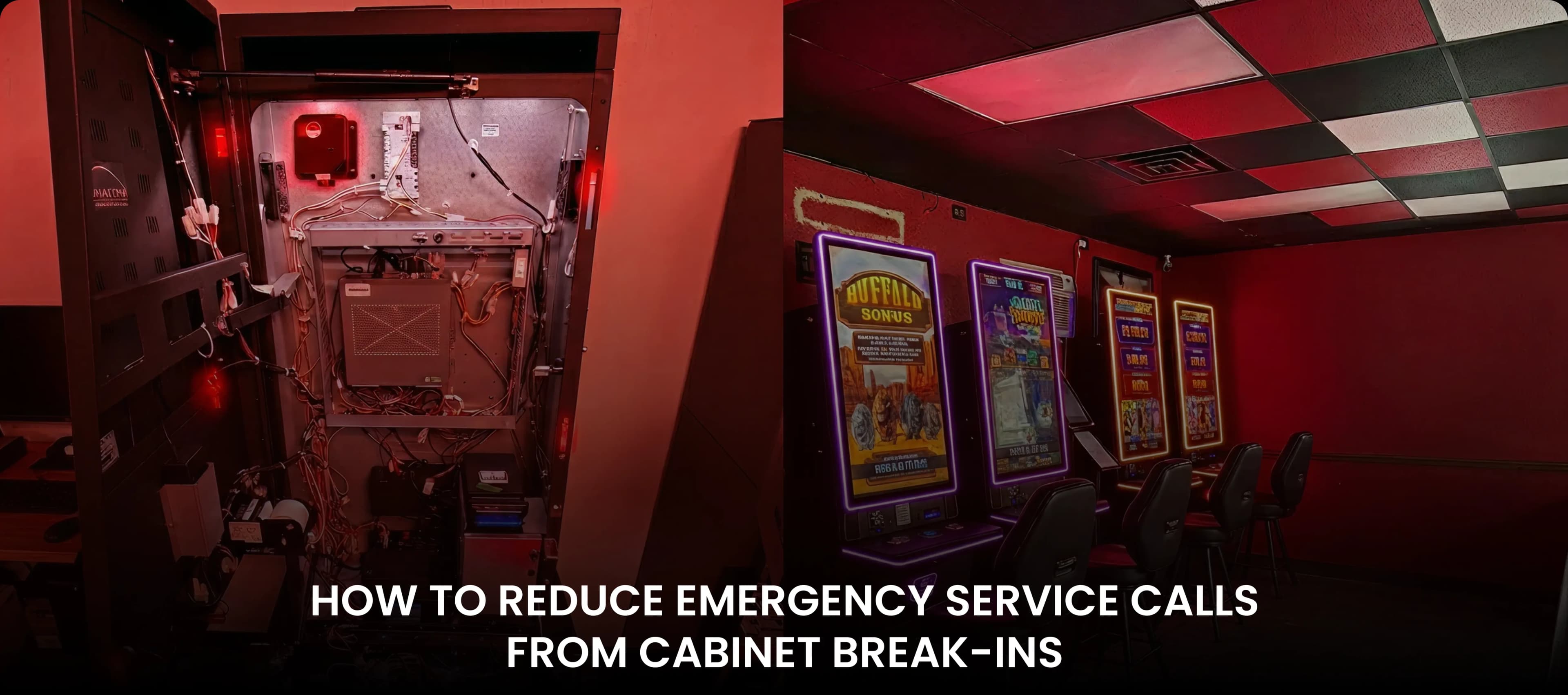 A side-by-side view showing the internal wiring of a skill game cabinet and a row of active skill game machines in a retail location.