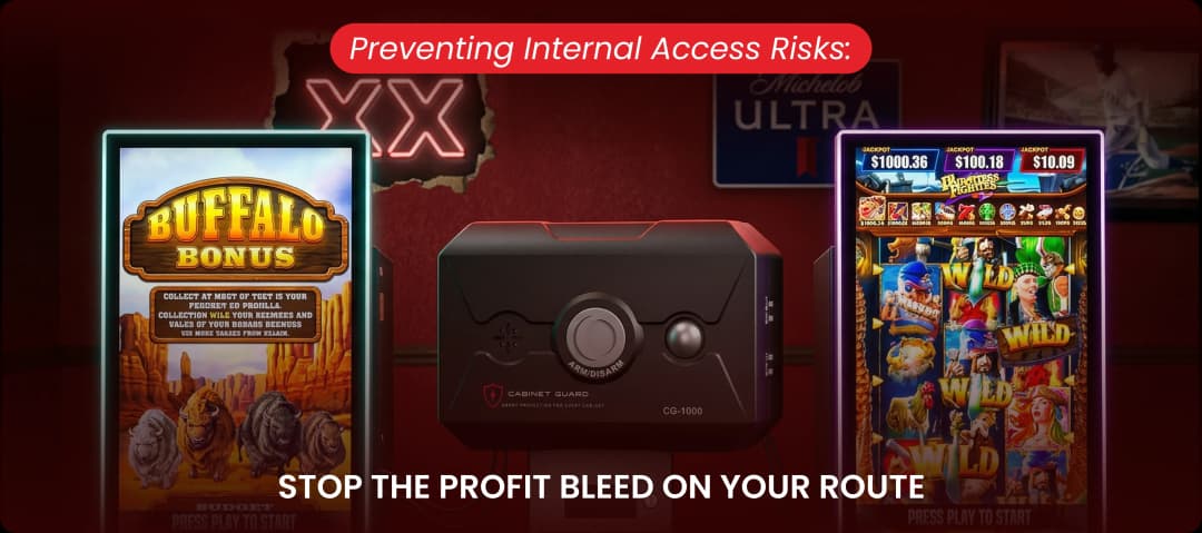 Cabinet Guard CG-1000 security alarm installed between skill game cabinets to prevent internal theft