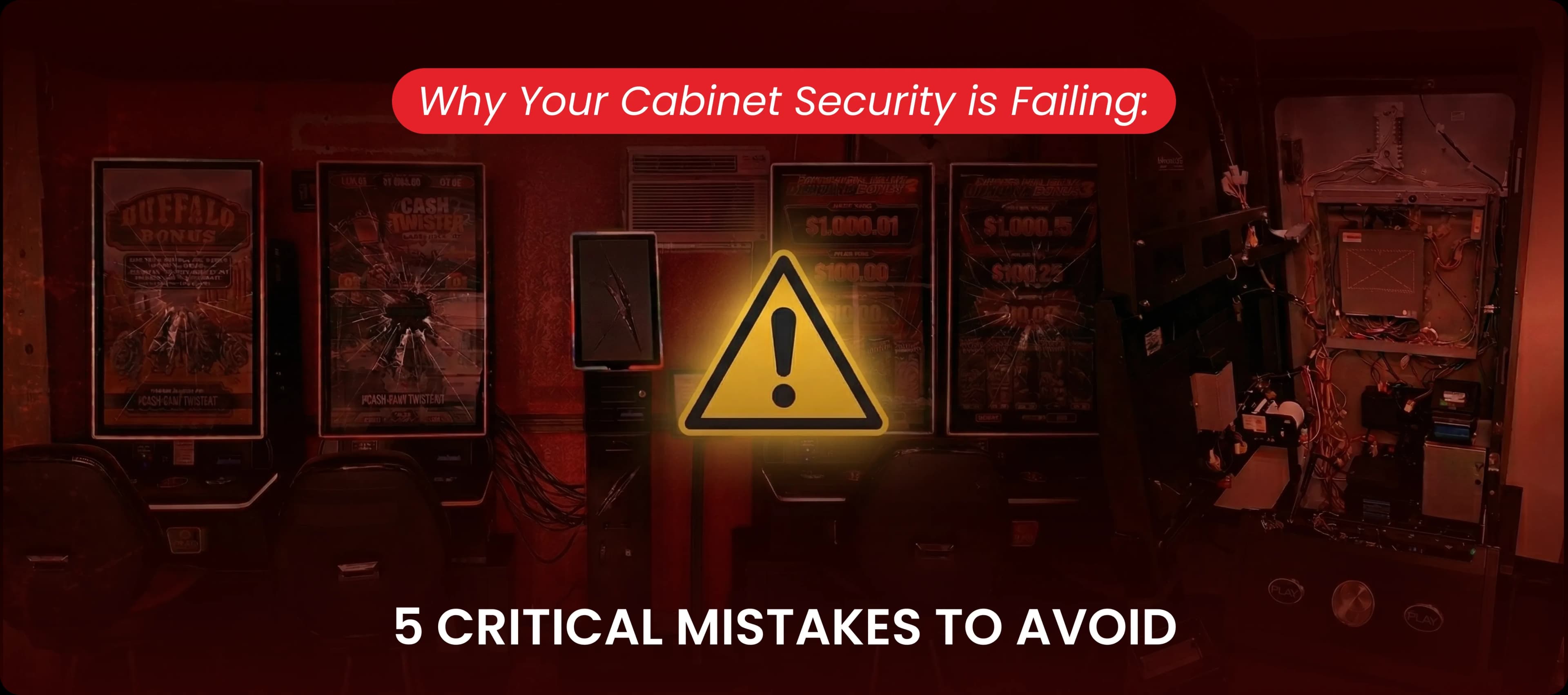 Broken skill game screens and exposed cabinet wiring highlighting critical route security mistakes.
