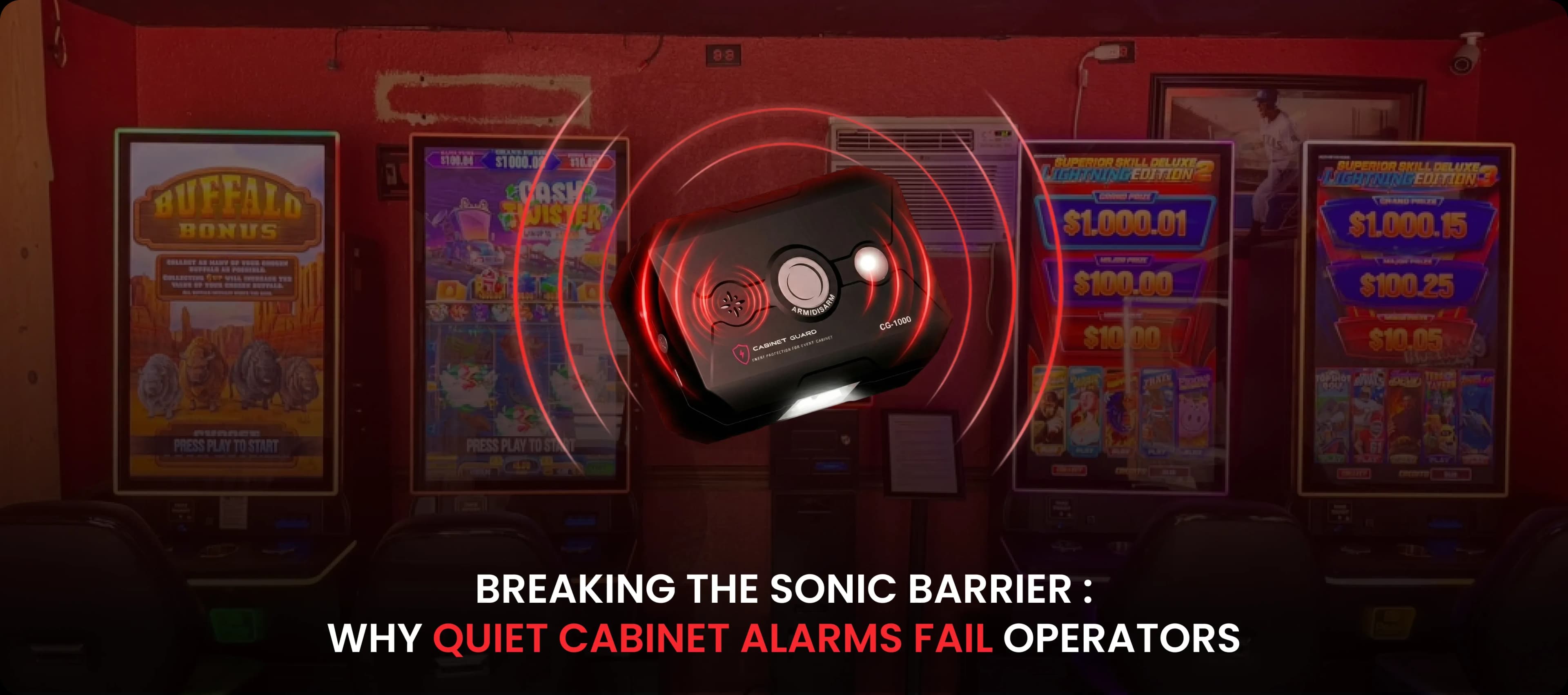 High decibel alarm siren mounted inside a skill game cabinet for tamper protection.