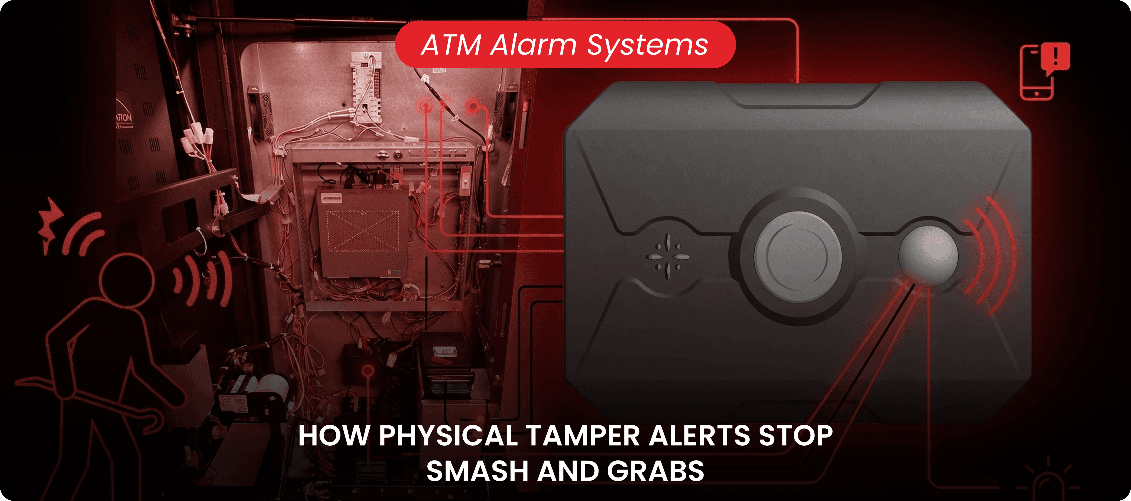 Wired ATM alarm system graphic showing a tamper-resistant enclosure and physical tamper alerts stopping a smash and grab.