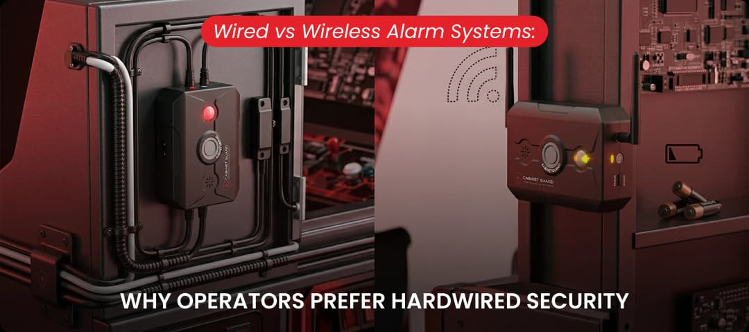 Comparison of a wired vs wireless alarm system showing secure cabling versus weak signals.