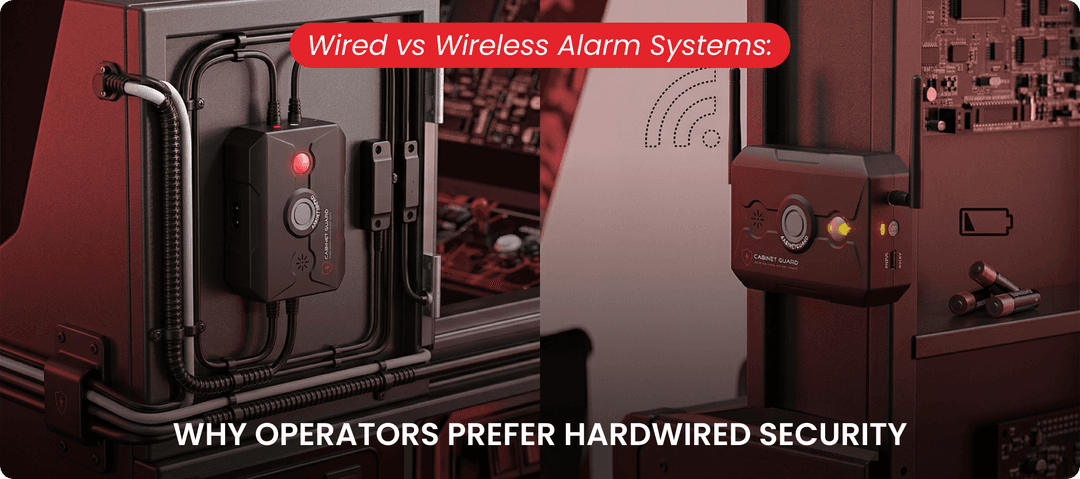 Comparison of a wired vs wireless alarm system showing secure cabling versus weak signals.