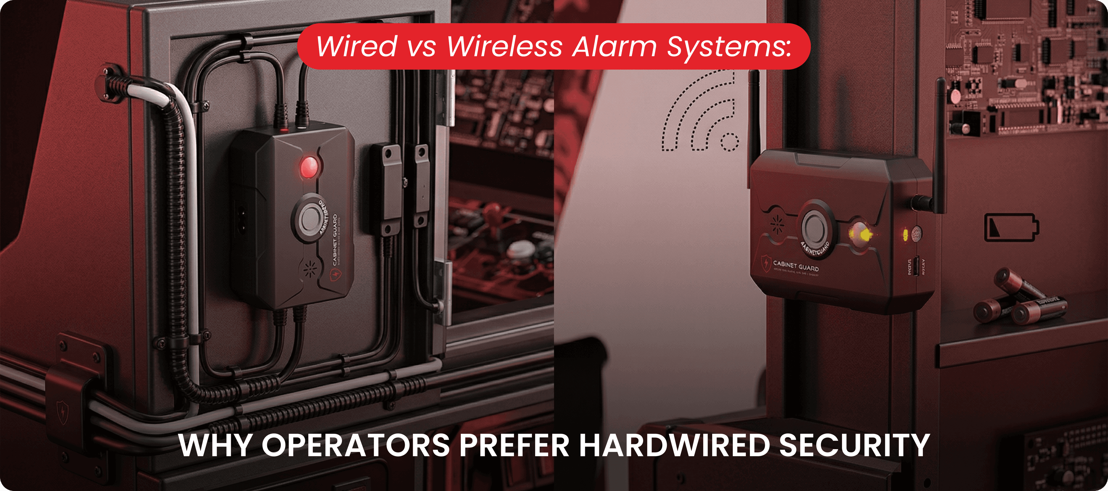 Comparison of a wired vs wireless alarm system showing secure cabling versus weak signals.