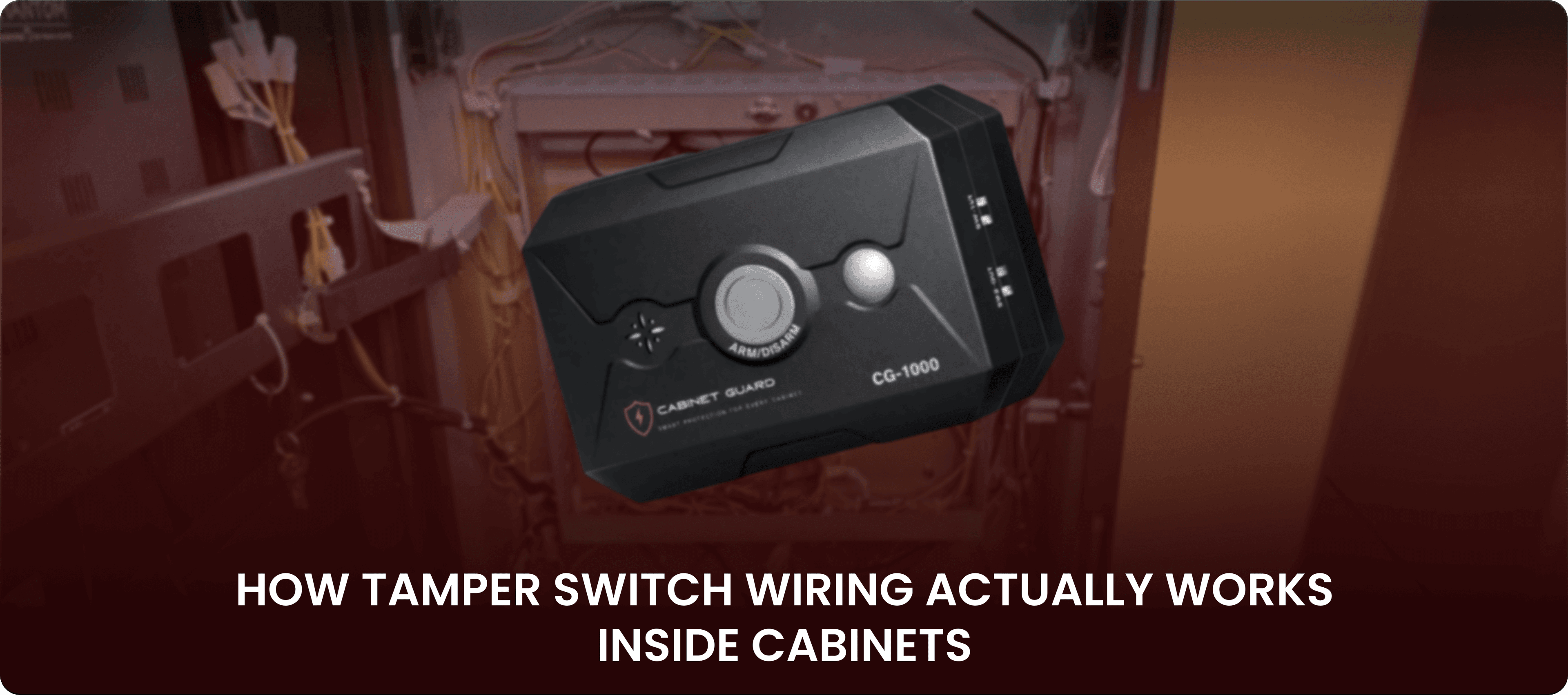 Close-up of a CG-1000 universal cabinet alarm showing the ARM/DISARM button and status LEDs.