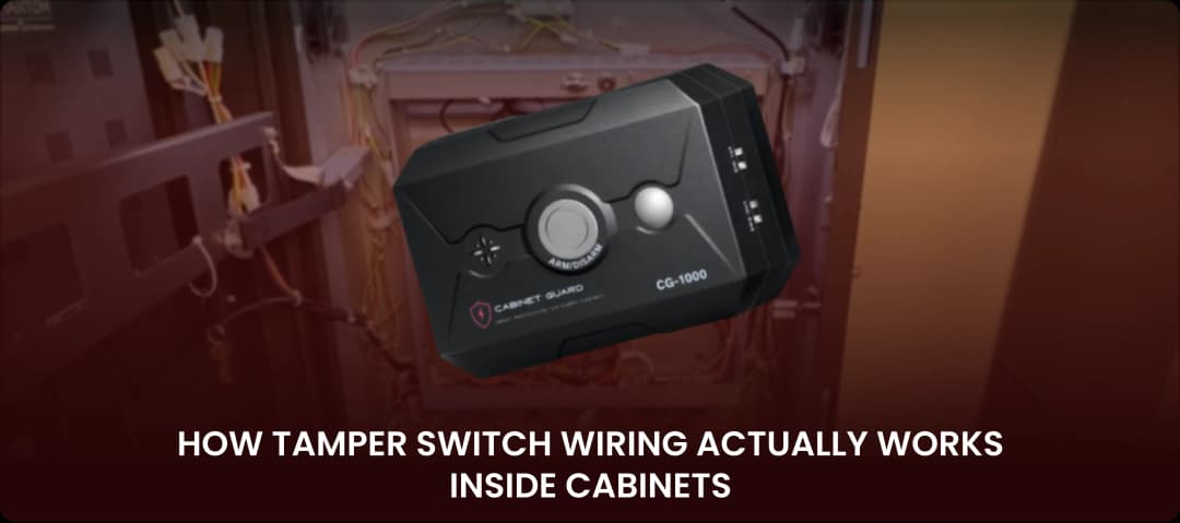 Close-up of a CG-1000 universal cabinet alarm showing the ARM/DISARM button and status LEDs.