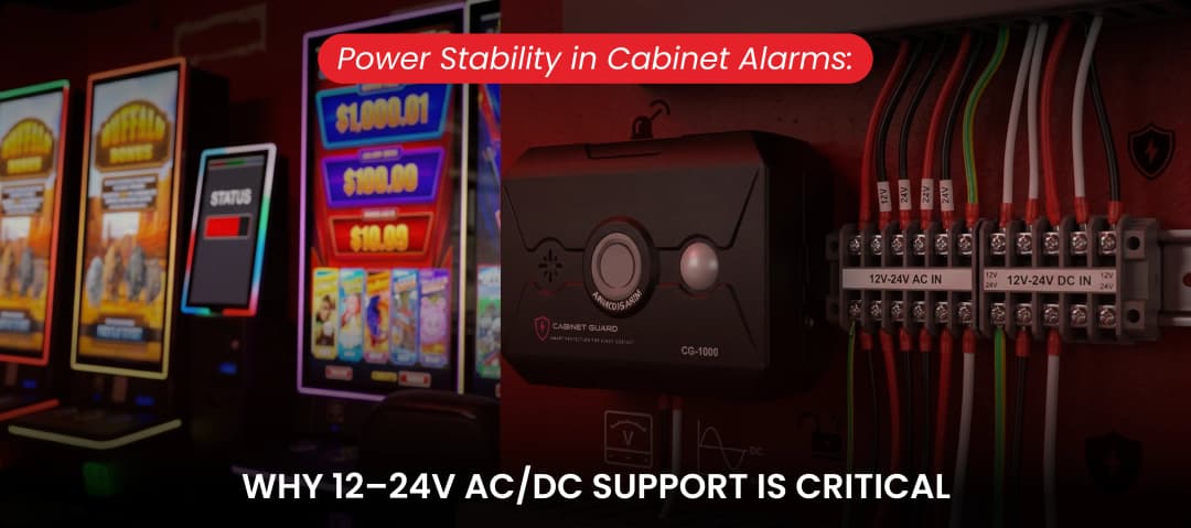 Cabinet Guard CG-1000 installed next to skill game terminal block showing 12-24V AC/DC power wiring.