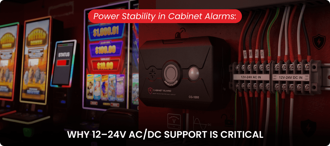 Cabinet Guard CG-1000 installed next to skill game terminal block showing 12-24V AC/DC power wiring.