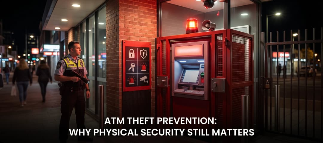 Hardened ATM cabinet with security enclosure and active tamper alarm strobe.