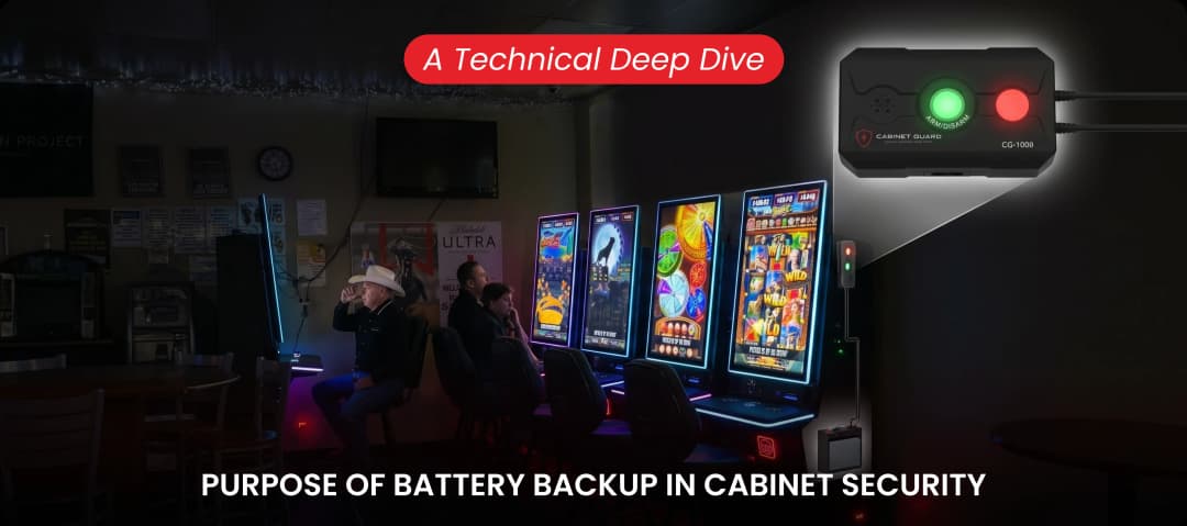 CG-1000 alarm on skill game with battery backup cutaway showing power failure protection.
