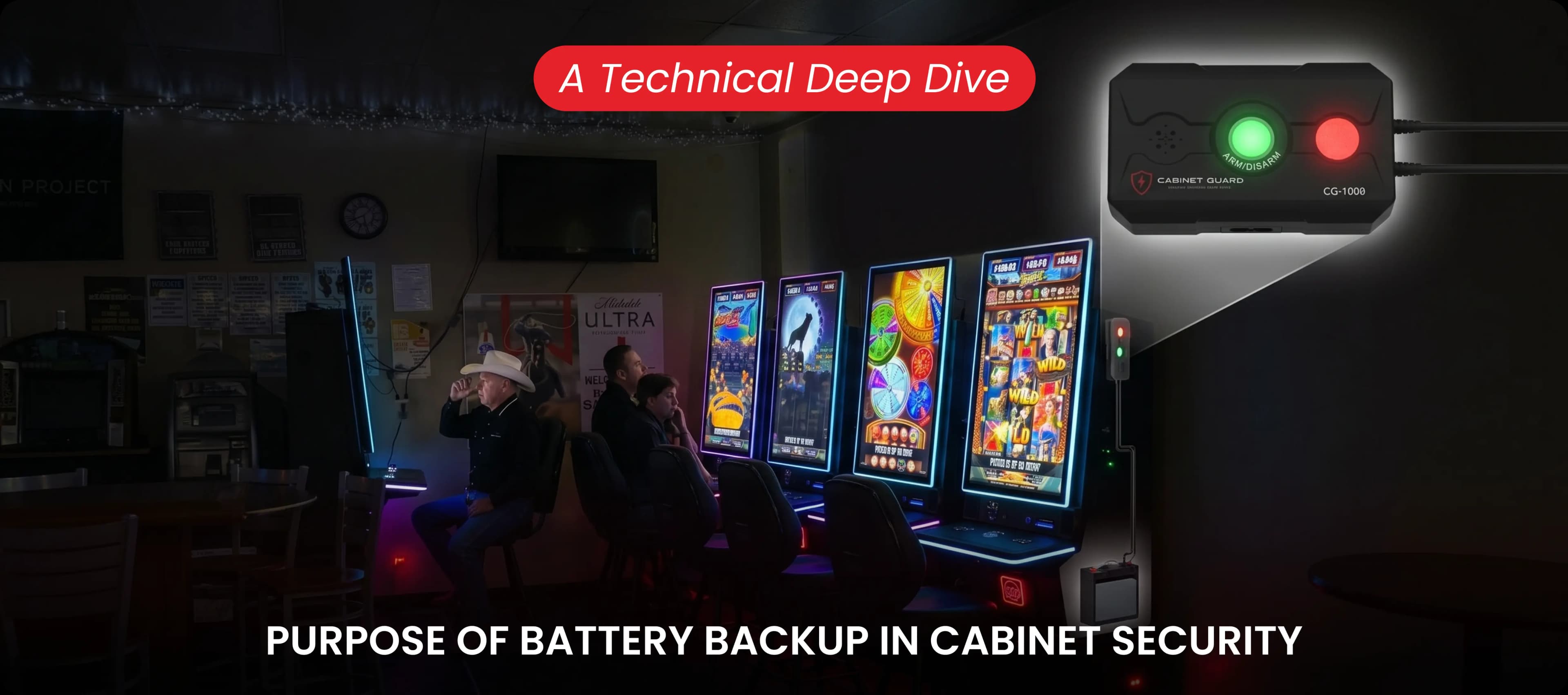 CG-1000 alarm on skill game with battery backup cutaway showing power failure protection.
