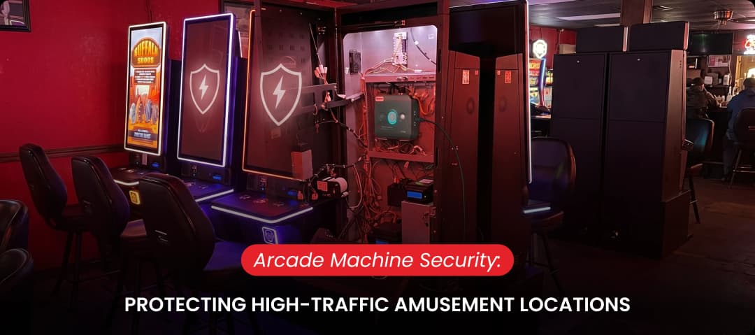 Arcade machine security alarm CG-1000 installed in a gaming cabinet at a high-traffic location.