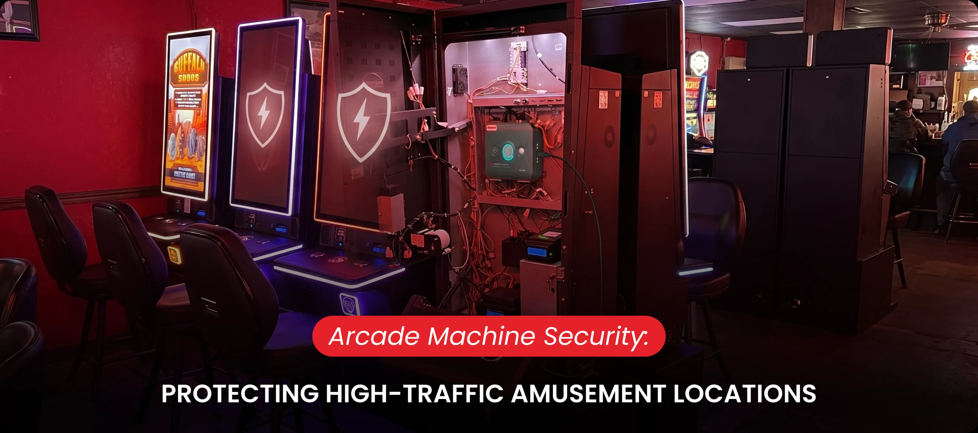 Arcade machine security alarm CG-1000 installed in a gaming cabinet at a high-traffic location.