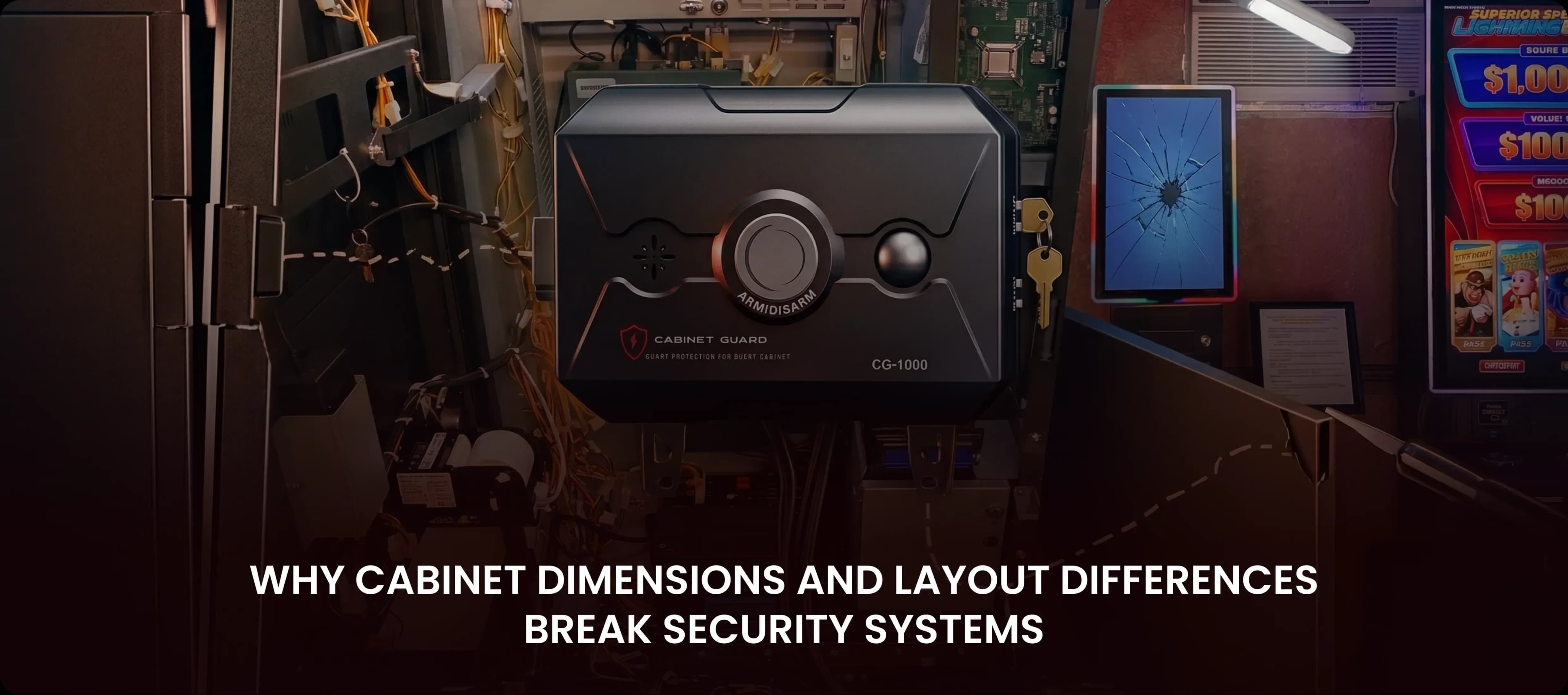 CG-1000 tamper alarm unit installed inside an open skill game machine layout with complex wiring.