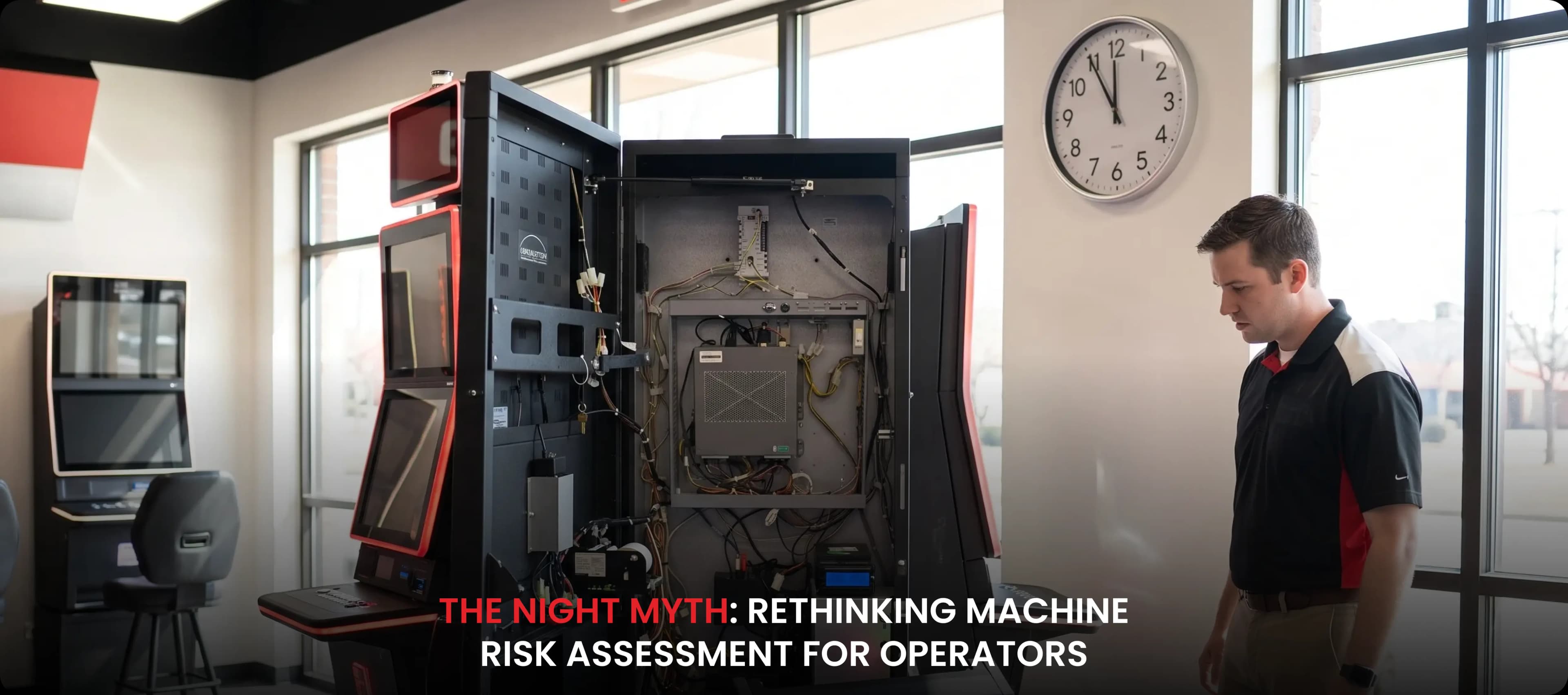 Technician inspecting an open skill game cabinet's internal wiring in daylight