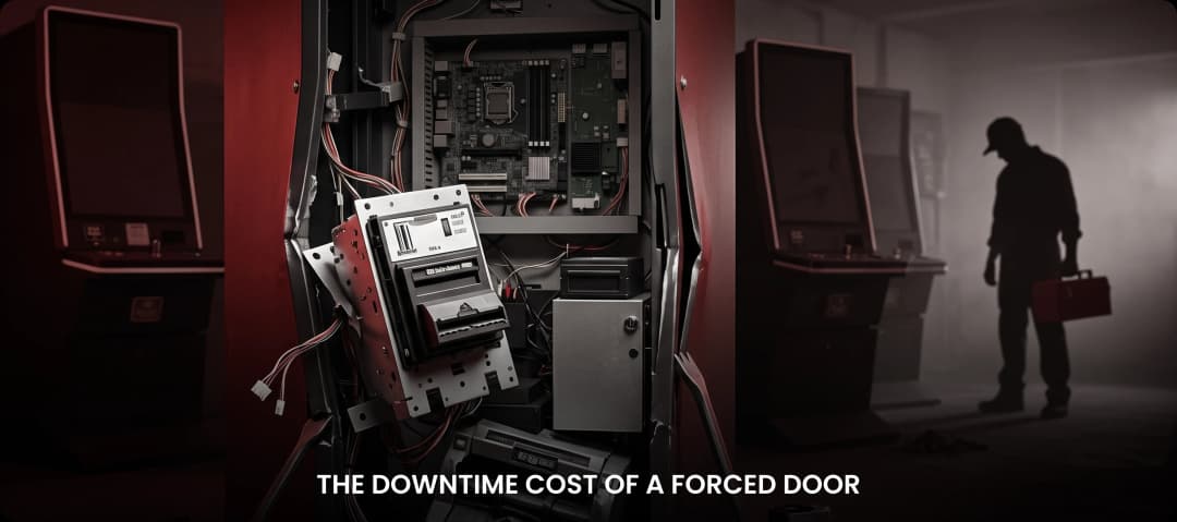 Close-up of a cracked bill validator and damaged wiring after a cabinet door was forced