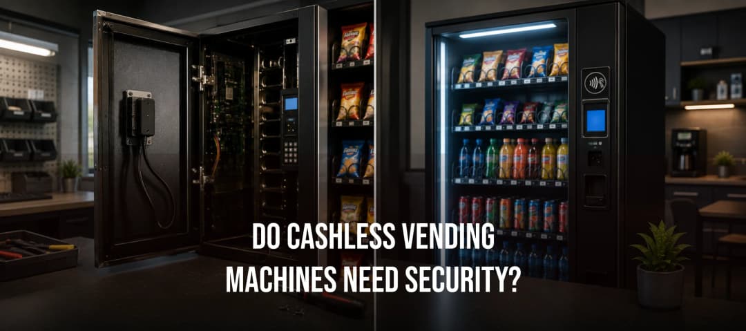 Split view: open cabinet interior next to a stocked, illuminated cashless vending machine.