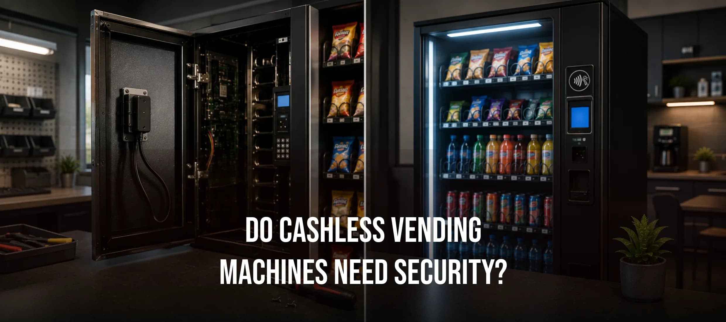 Split view: open cabinet interior next to a stocked, illuminated cashless vending machine.