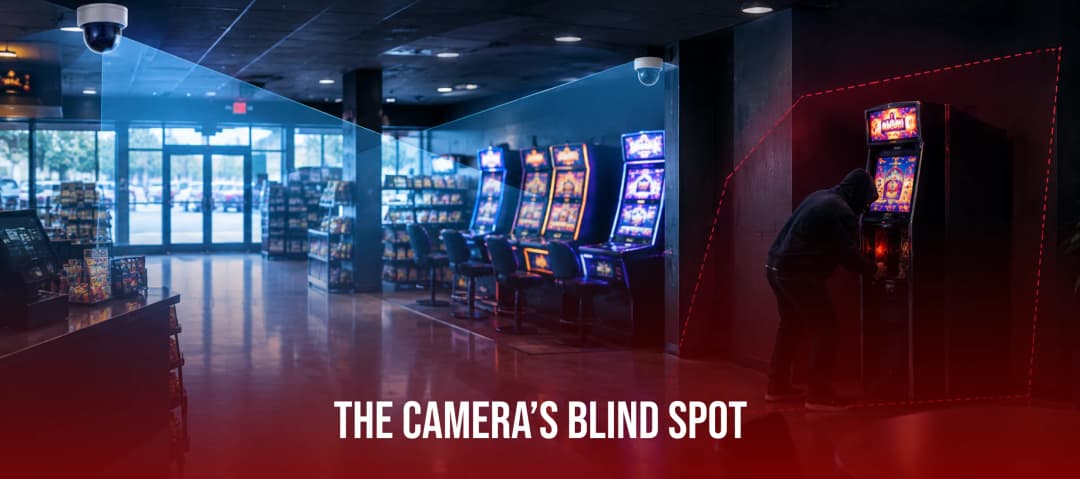 Graphic showing the camera blind spot that leaves a gaming cabinet exposed