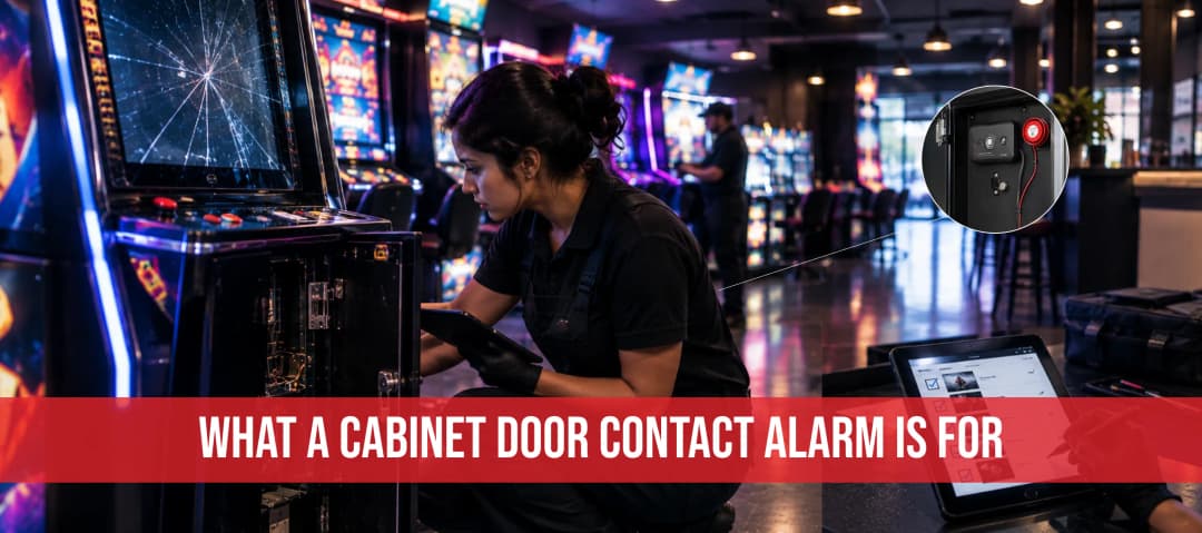 Technician inspecting a route gaming cabinet with a cracked screen during a service stop at a venue