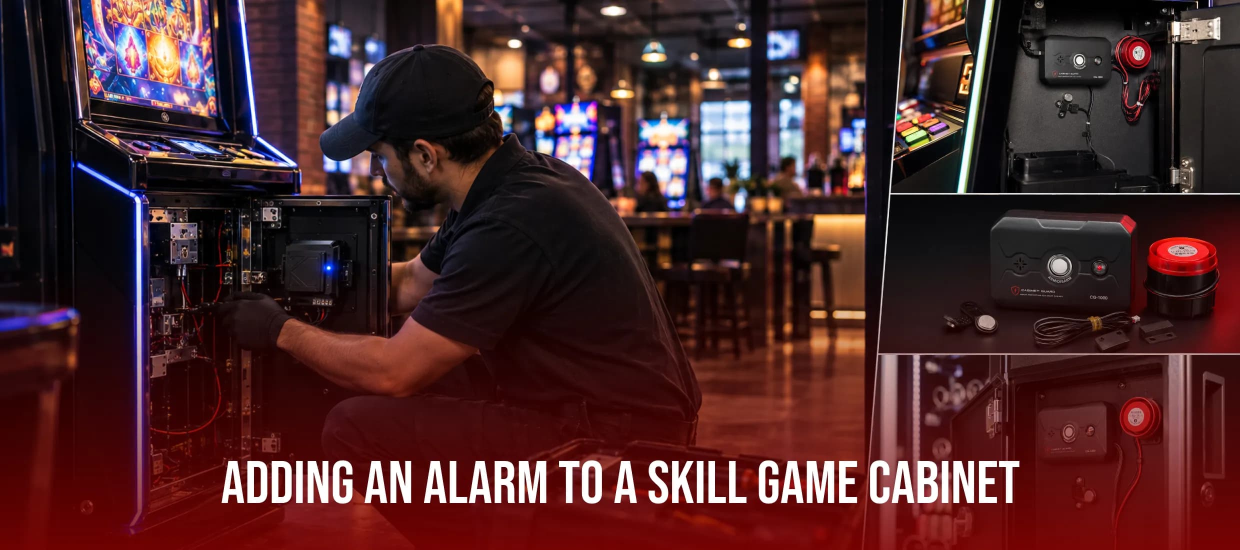 Technician crouching at an open skill game cabinet in a bar, adding an alarm to an existing game