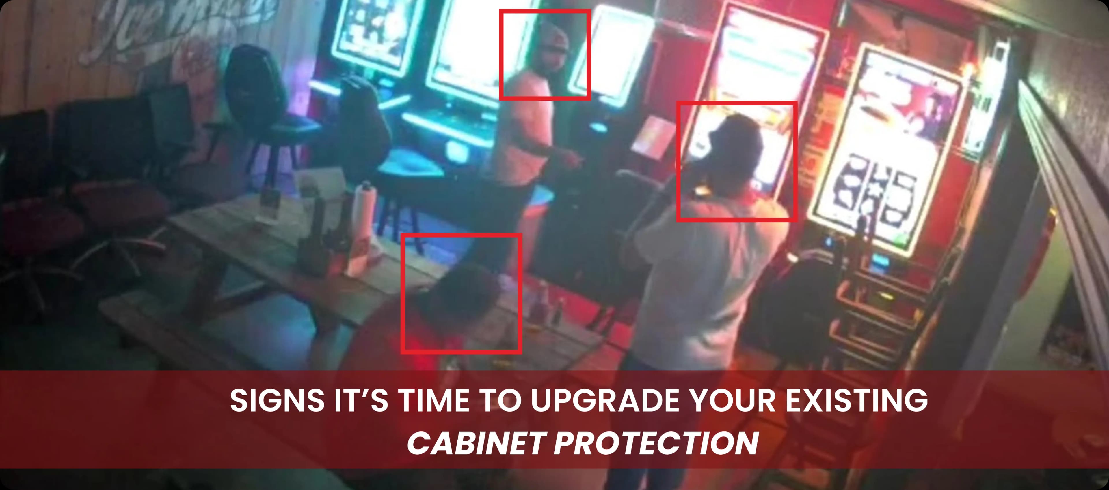 Surveillance view of people near gaming machines highlighting cabinet security risks