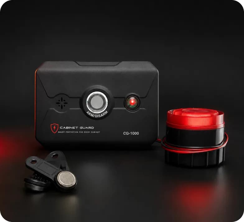 Operator-built cabinet security device with audible and visual alerts