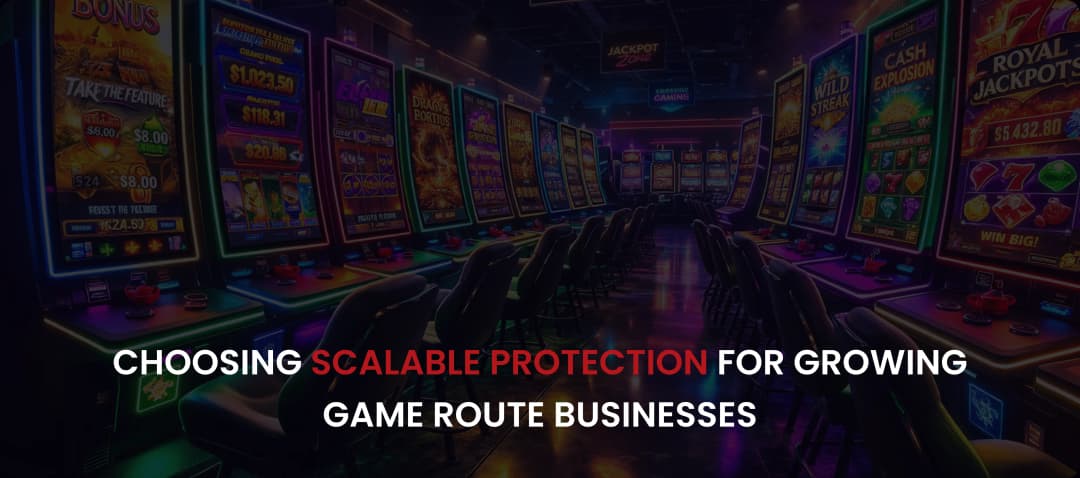 Row of gaming machines protected by a scalable cabinet security system for growing game routes