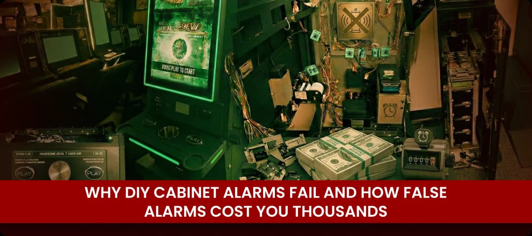 Tamper alarm failure on skill game cabinet with cash stacks.