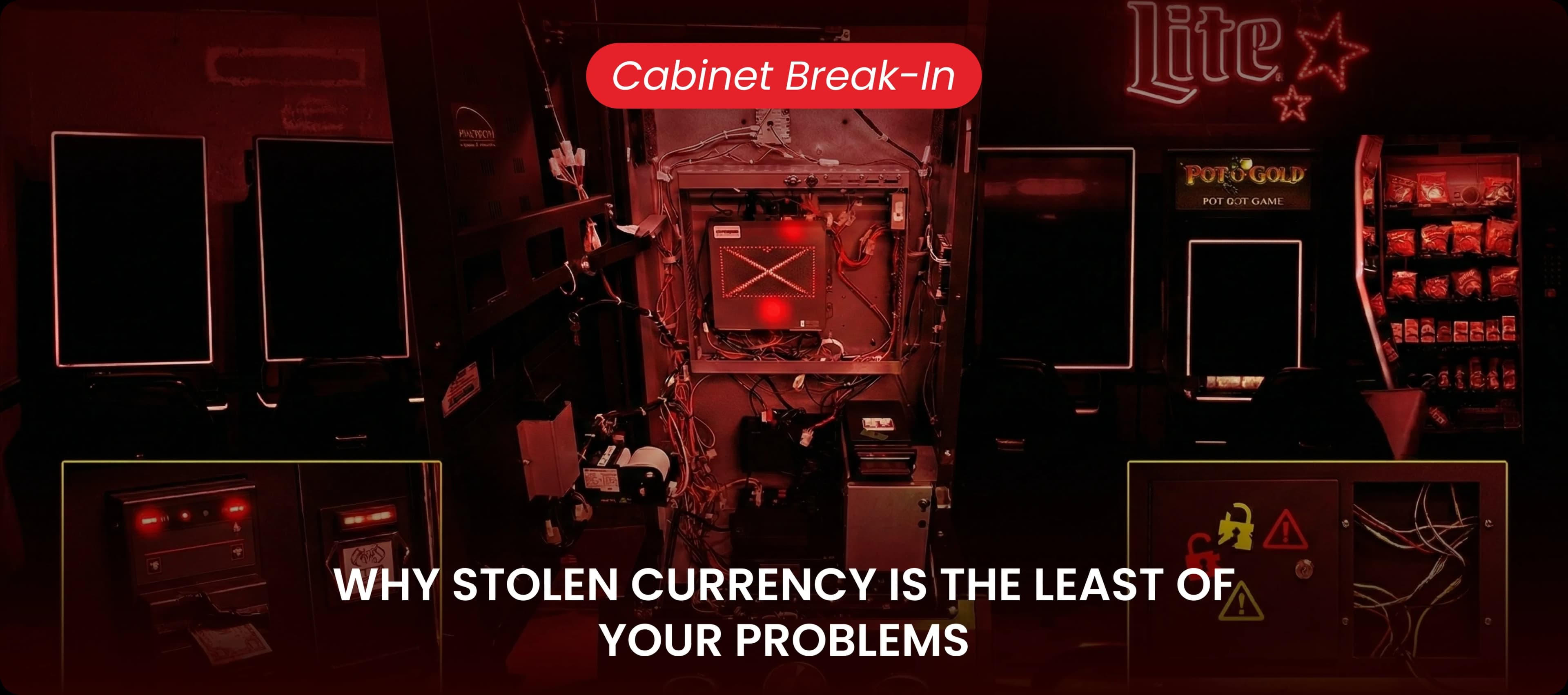 Internal view of a breached gaming cabinet showing damaged wiring and exposed components after a break-in.