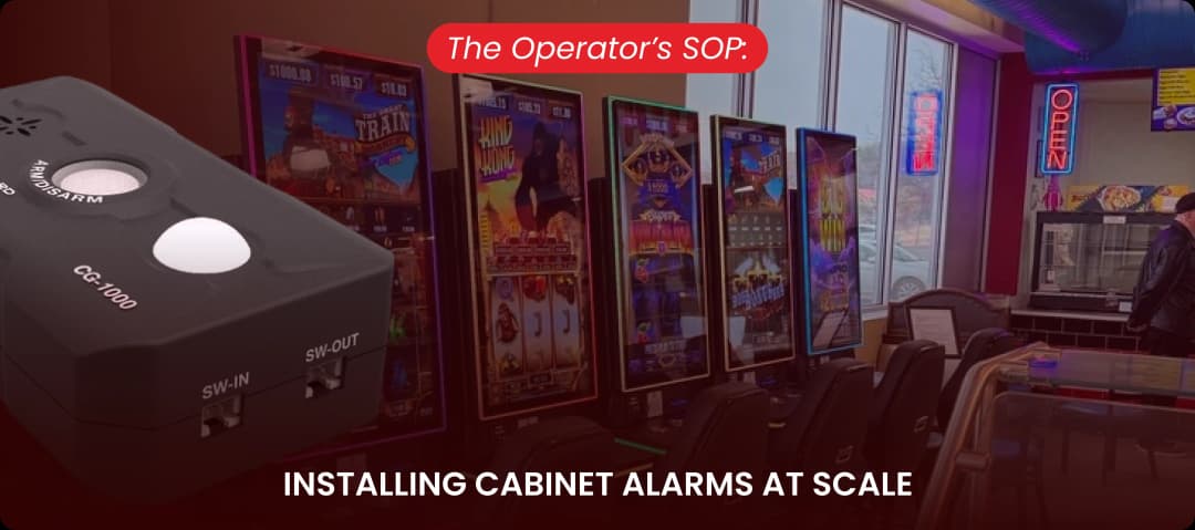 CG-1000 cabinet alarm unit with SW-IN and SW-OUT terminals overlaid on a row of skill game cabinets in a gaming location.