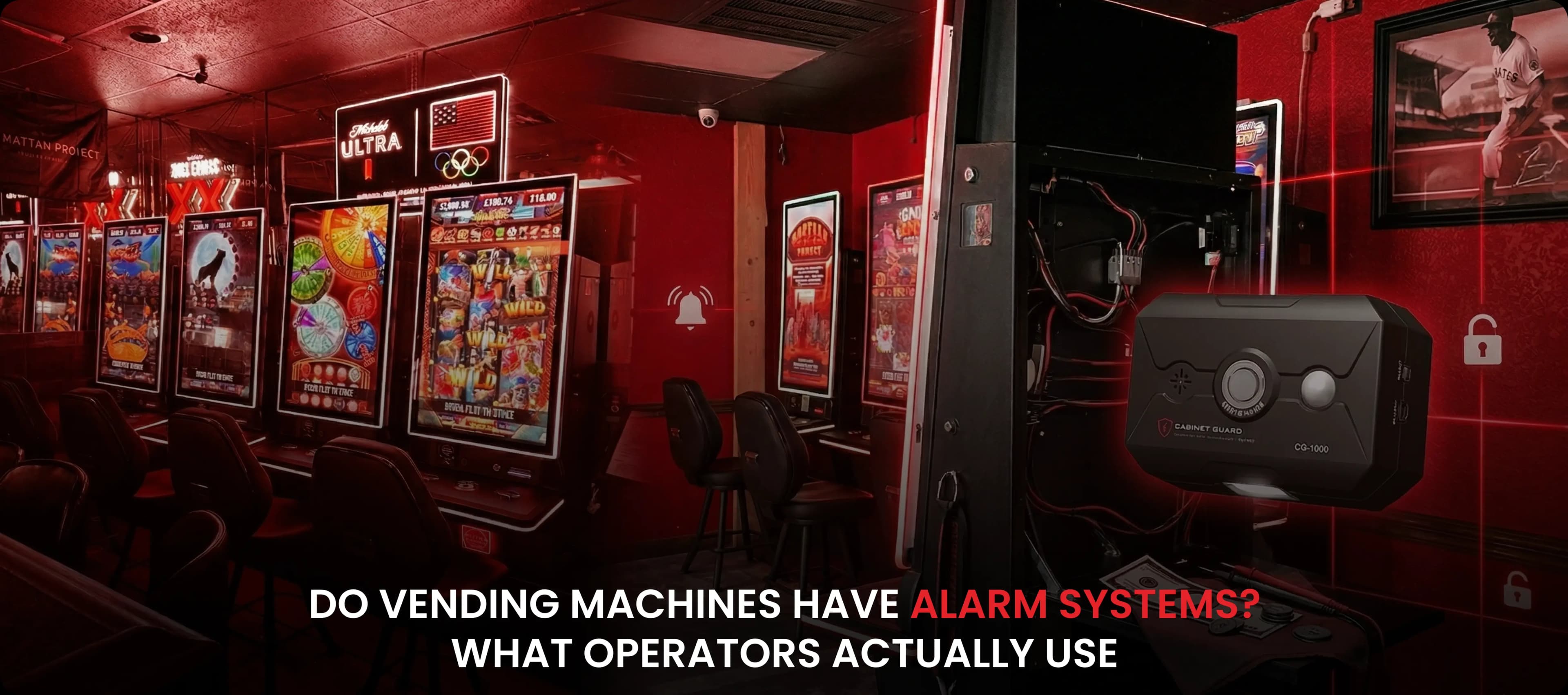 An operator-grade tamper alarm unit featured in a dark vending route location with red accent lighting.