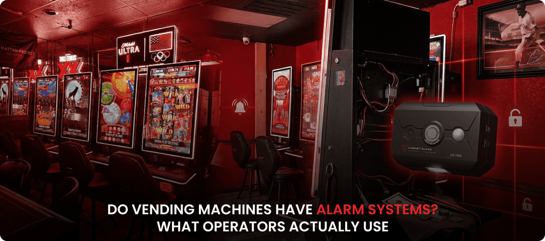 An operator-grade tamper alarm unit featured in a dark vending route location with red accent lighting.