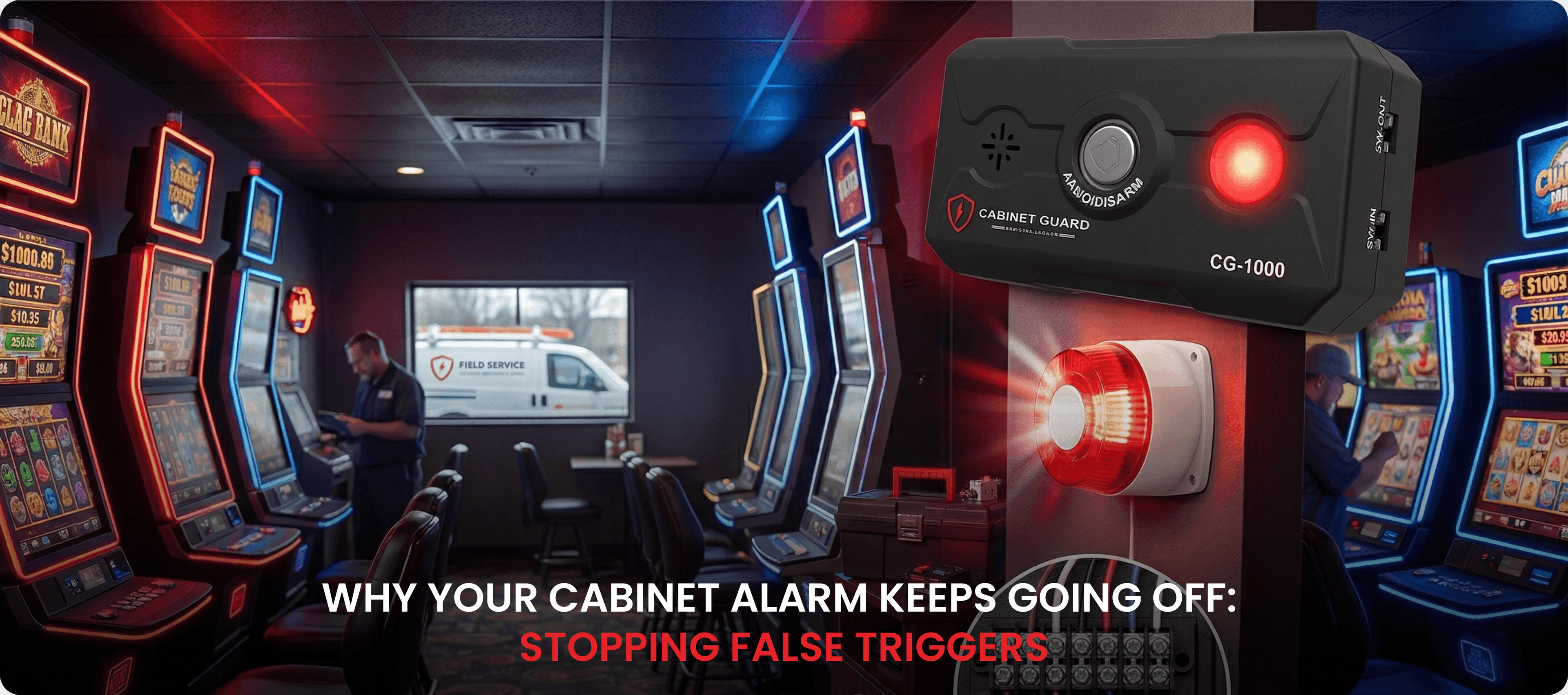 A busy skill gaming room with the Cabinet Guard CG-1000 alarm, a flashing strobe light, and text about stopping false triggers.