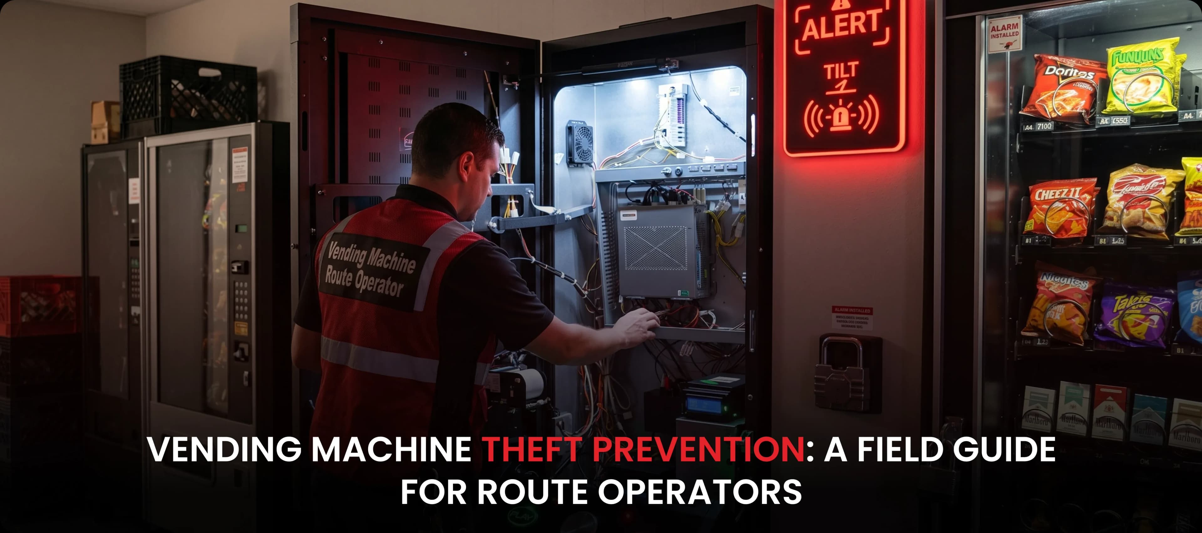 Vending machine route operator installing a 12V tamper alarm for theft prevention.