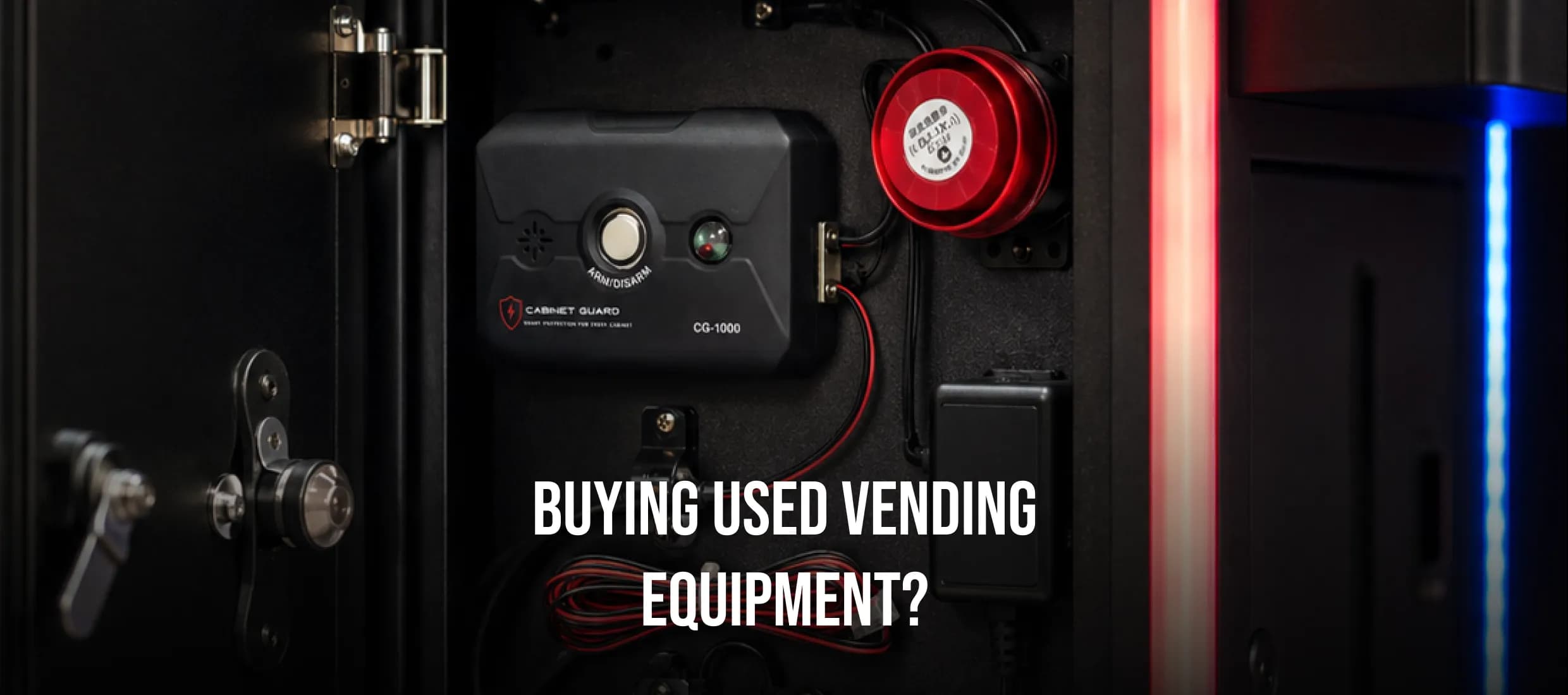 CG-1000 tamper alarm mounted near the lock on a vending cabinet door