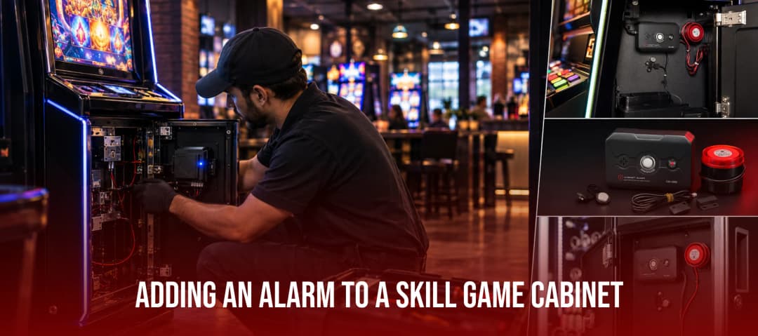 Technician crouching at an open skill game cabinet in a bar, adding an alarm to an existing game